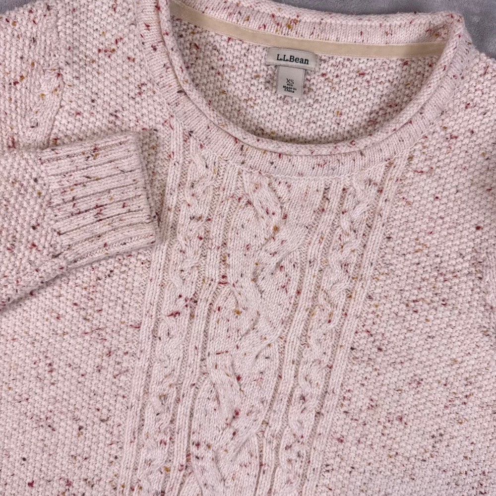 LL Bean Cable Knit Sweater Womens XS Confetti Speckled Pink Cream Cotton Blend